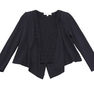 St. John Santana Pointelle Knit Open Cardigan 2 Long Sleeve Cropped Lace Trim